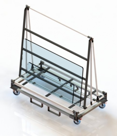 Wózek z gumowym zabezpieczeniem do przemieszczania e składowania szklanych paneli. Wózek widłowy do łatwego przenoszenia.
